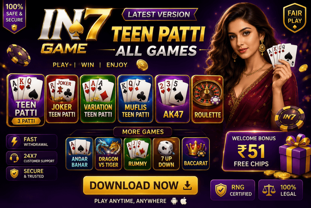 IN7 Official game promotion with teen patti, roulette, and more. Play and win real cash now.