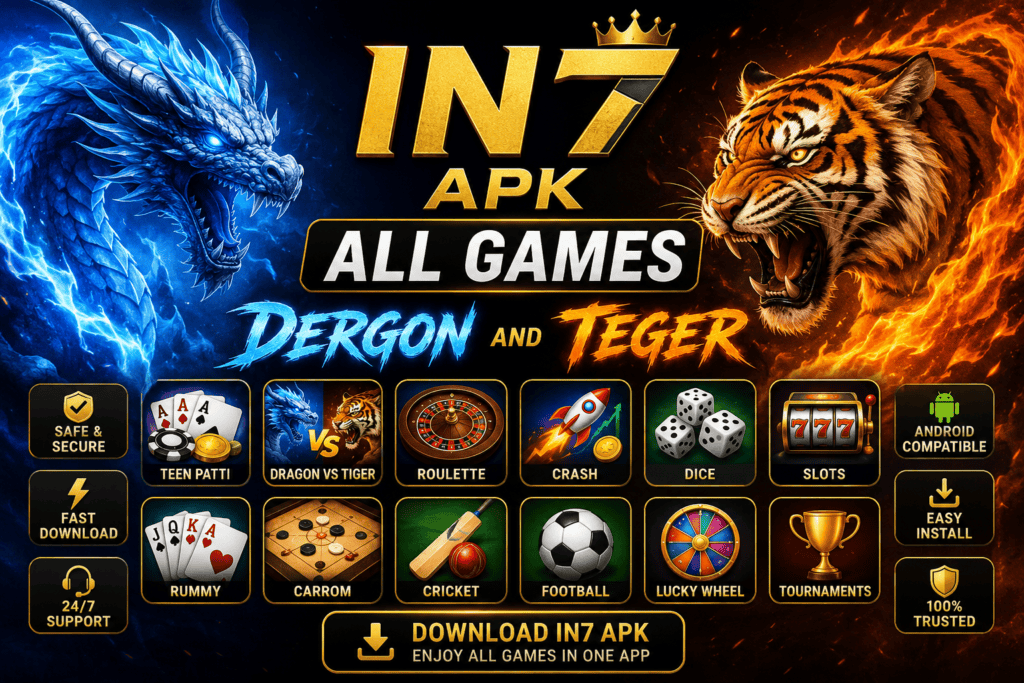 IN7 Official app logo with dragon and tiger graphics, showcasing various casino games.