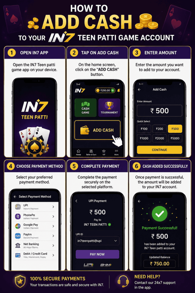 Step-by-step guide to adding cash to your IN7 Teen Patti account for real cash winnings.